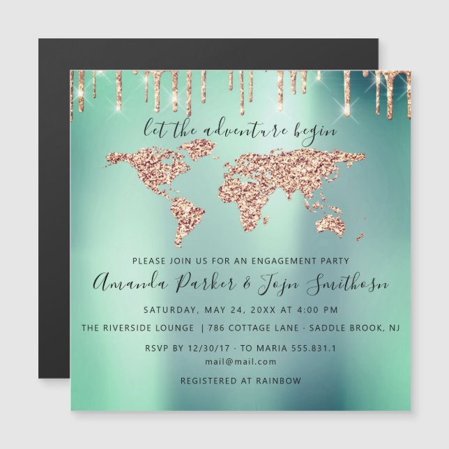 World Destination Map  Globe Bridal Wedding Mint Magnetic Invitation (Front/Back)