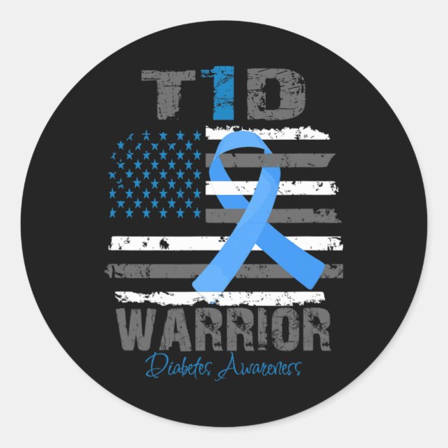 World Diabetes Awareness Blue Ribbon T1D Warrior T Classic Round Sticker (Front)