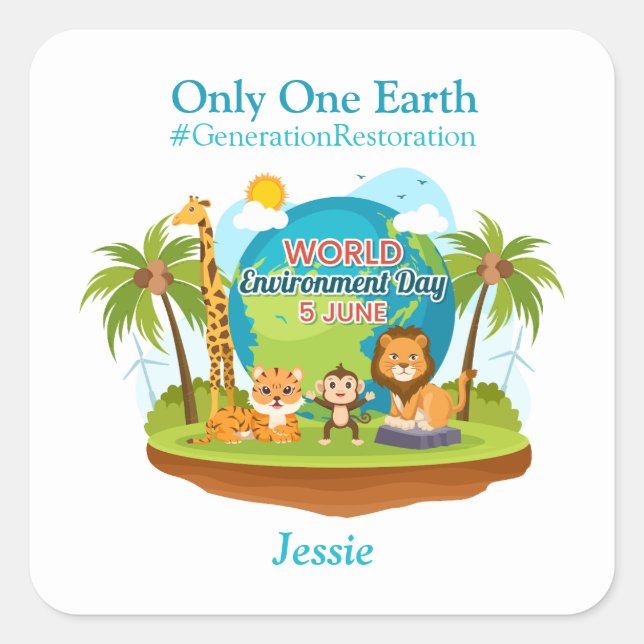 World Environment Day Custom Text Jungle Animals Square Sticker (Front)