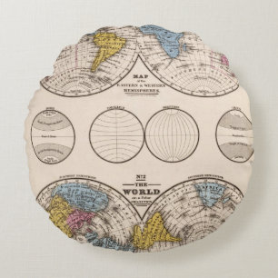World Equatorial Projection and Polar Projection Round Cushion