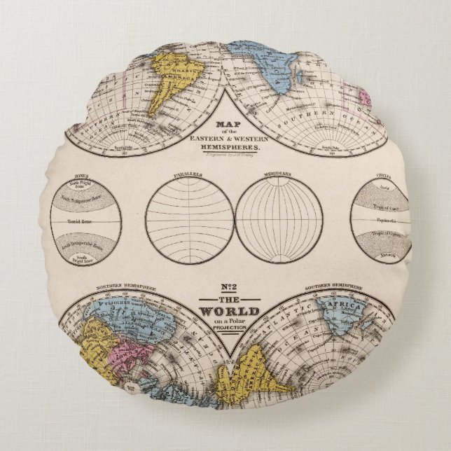 World Equatorial Projection and Polar Projection Round Cushion (Front)