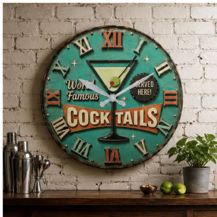 World Famous Cocktails Retro Martini Bar Decor Large Clock