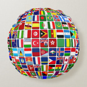 World Flags Globe, International, Round Cushion