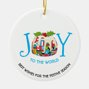 World Flags JOY TO THE WORLD Festive Pudding Ceramic Tree Decoration