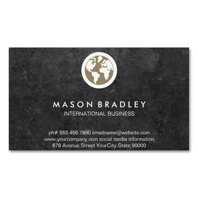 World Globe Icon / Slate Magnetic Business Card (Front)