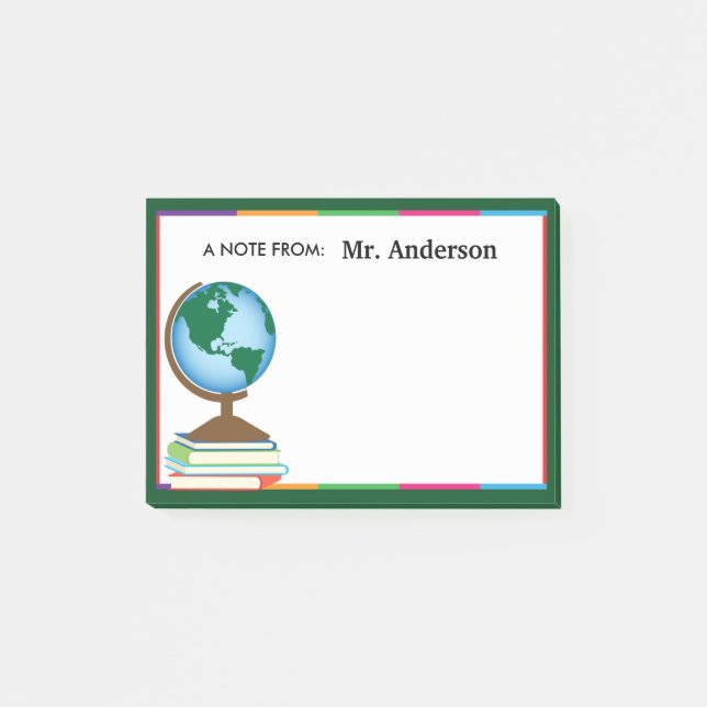 World Globe on Stack of Books Personalised Teacher Post-it Notes (Front)