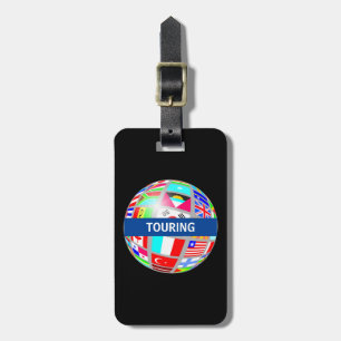 World globe tour and flags on black luggage tag
