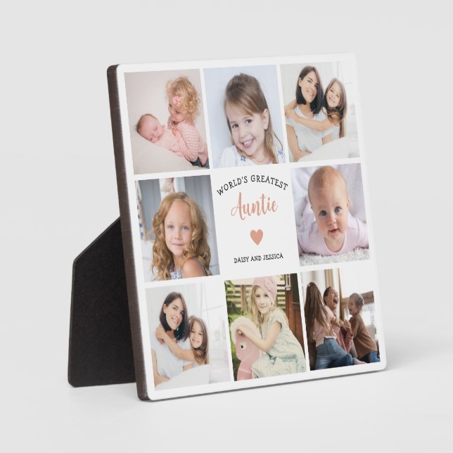 World Greatest Auntie 8 Photo Collage Pink Heart Plaque (Front)