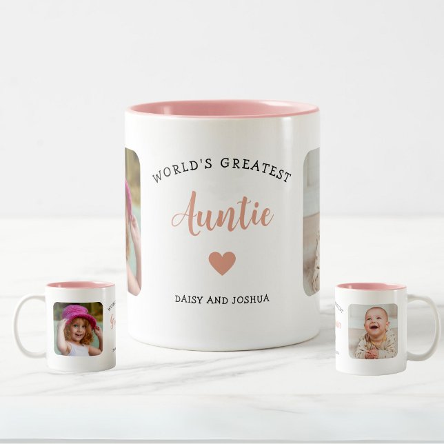 World Greatest Auntie Custom 2 Photo Pink Modern Two-Tone Coffee Mug (Creator Uploaded)
