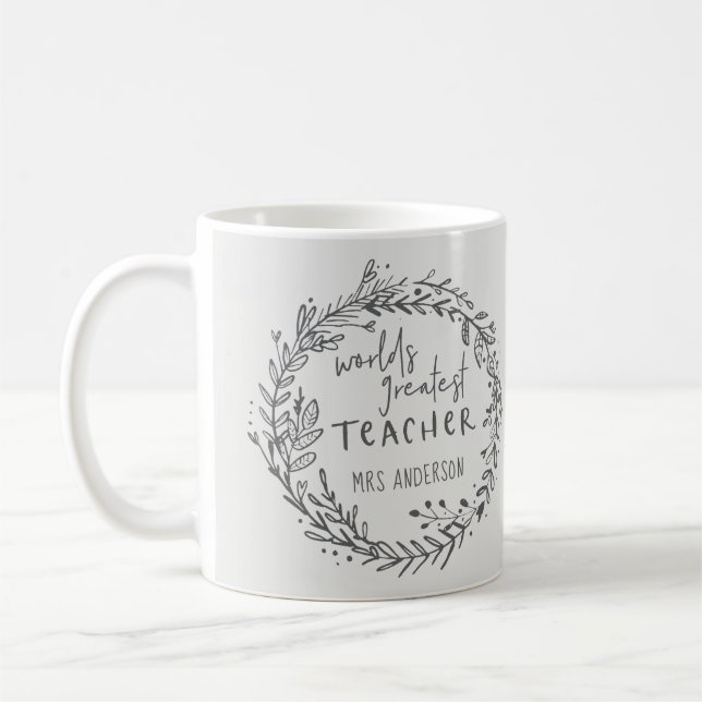world greatest teacher modern minimal wreath coffee mug (Left)