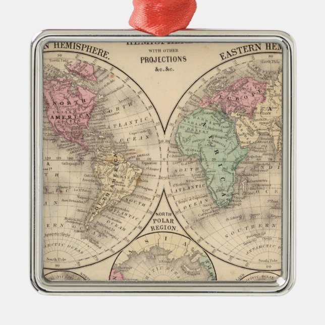 World hemispheres  Map by Mitchell Metal Tree Decoration (Front)