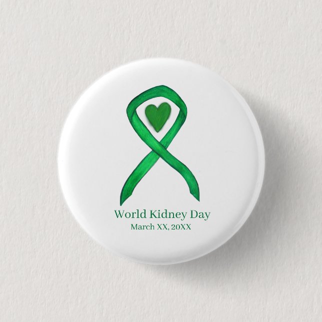 World Kidney Day Green Awareness Ribbon Button Pin (Front)