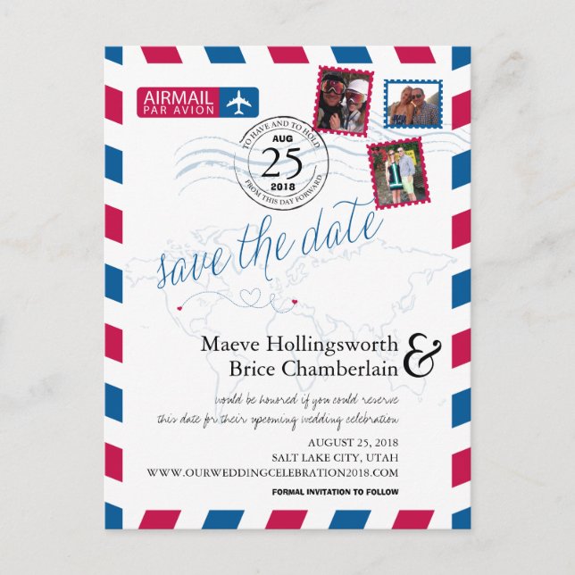 World Locations Airmail Save The Date Announcement Postcard (Front)
