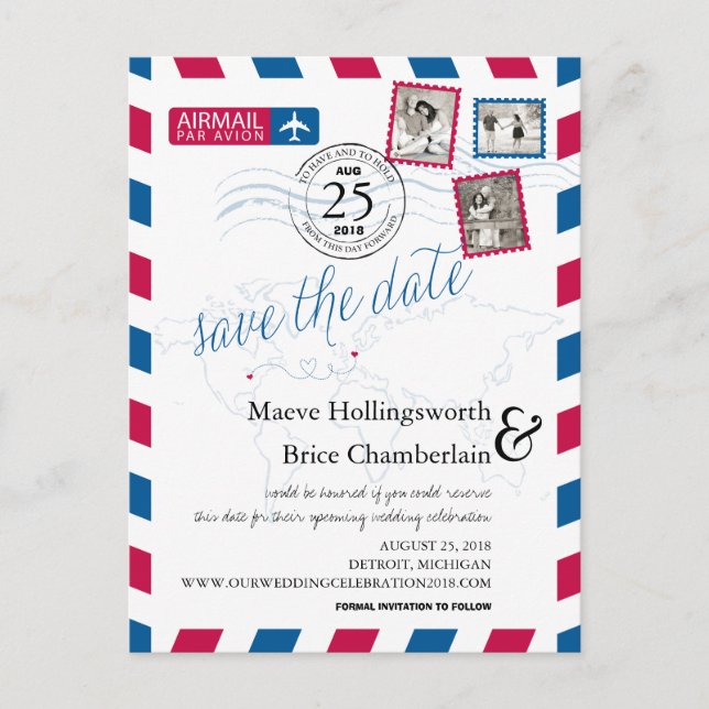 World Locations Airmail Save The Date Announcement Postcard (Front)