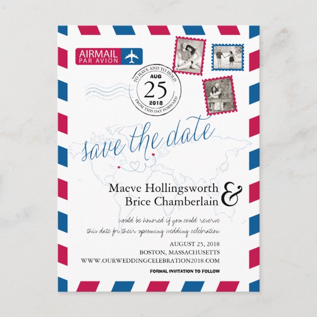World Locations Airmail Save The Date Announcement Postcard (Front)
