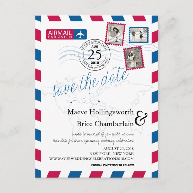 World Locations Airmail Save The Date Announcement Postcard (Front)