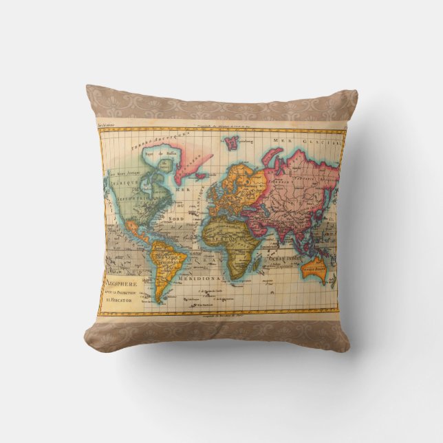 World Map 1700s Antique Continents  Cushion (Front)