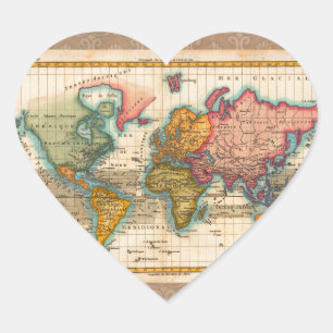 World Map 1700s Antique Continents  Heart Sticker
