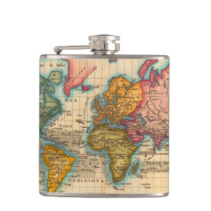 World Map 1700s Antique Continents Hip Flask