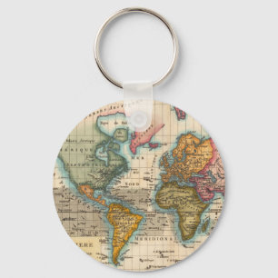 World Map 1700s Antique Continents  Key Ring