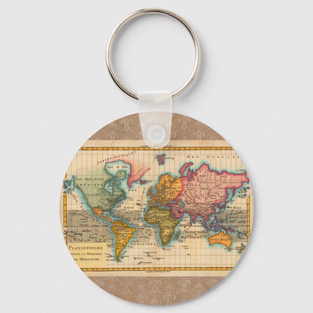 World Map 1700s Antique Continents  Key Ring (Front)