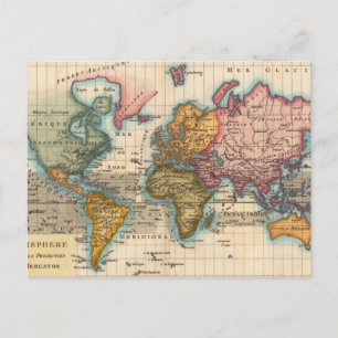 World Map 1700s Antique Continents Postcard