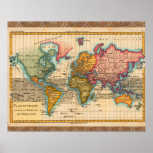 World Map 1700s Antique Continents  Poster
