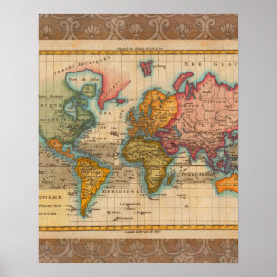World Map 1700s Antique Continents Poster