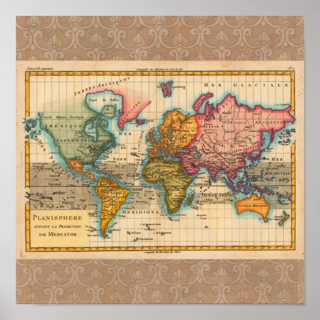 World Map 1700s Antique Continents  Poster (Front)