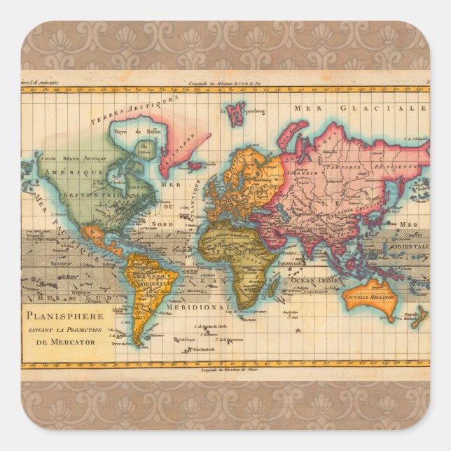 World Map 1700s Antique Continents  Square Sticker (Front)