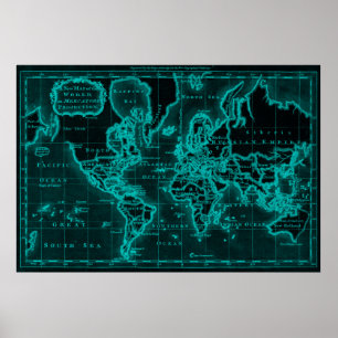 World Map (1766) Black & Light Blue Poster