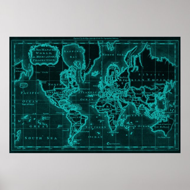 World Map (1766) Black & Light Blue Poster (Front)