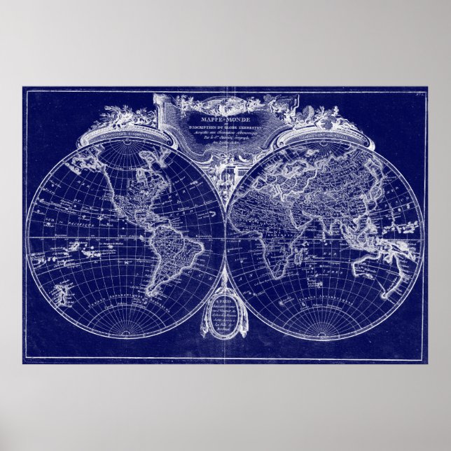 World Map (1775) Blue & White Poster (Front)