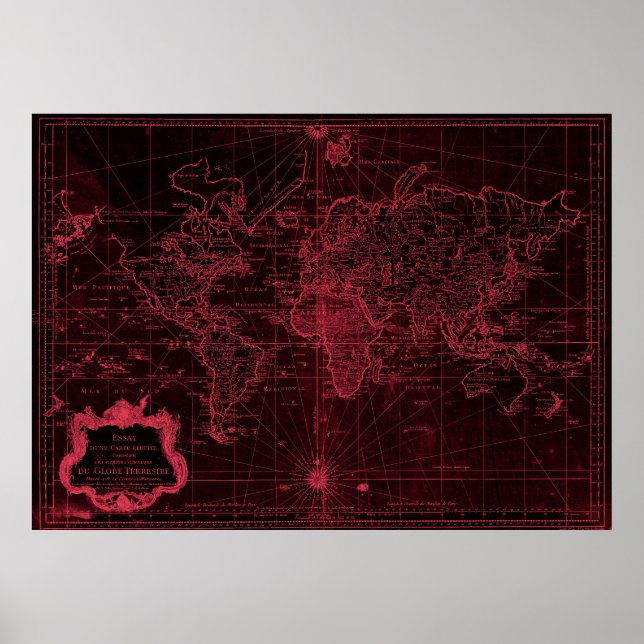 World Map (1778) Black & Light Red Poster (Front)