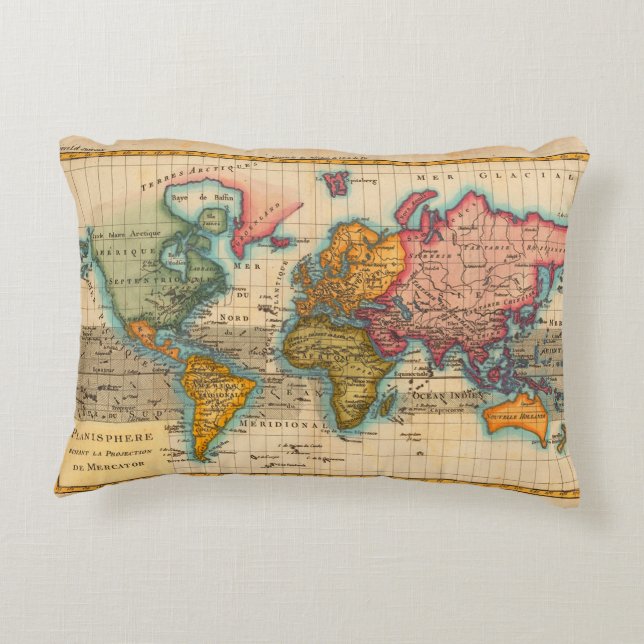 World Map 1780 Bonne Antique Planisphere  Decorative Cushion (Back)
