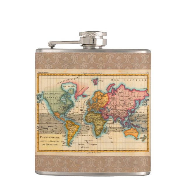World Map 1780 Bonne Antique Planisphere  Hip Flask (Front)