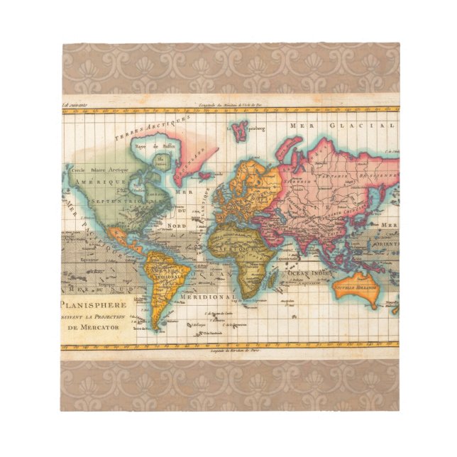 World Map 1780 Bonne Antique Planisphere  Notepad (Front)