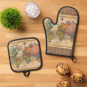 World Map 1780 Bonne Antique Planisphere Oven Mitt & Pot Holder Set
