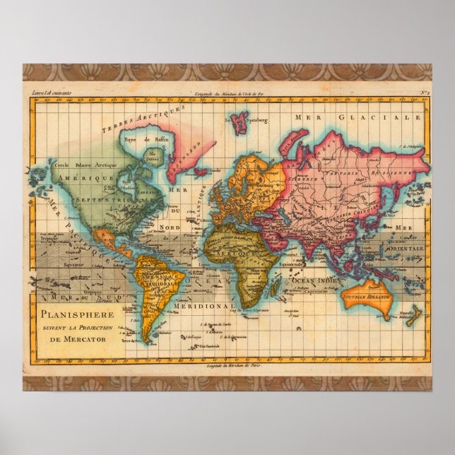 World Map 1780 Bonne Antique Planisphere  Poster (Front)