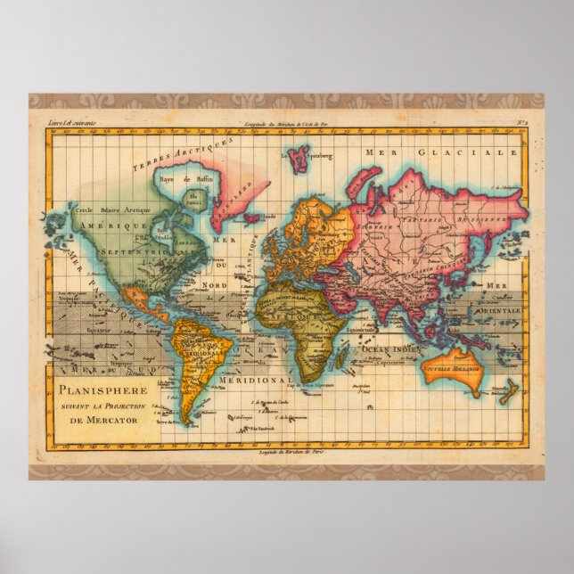 World Map 1780 Bonne Antique Planisphere  Poster (Front)