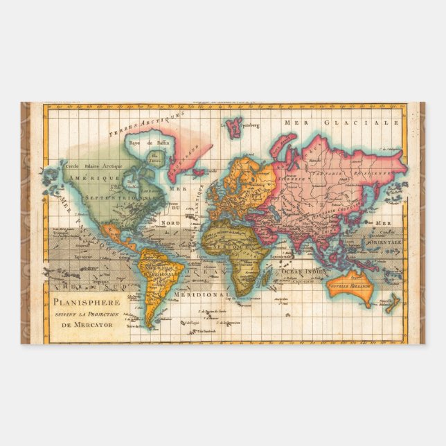 World Map 1780 Bonne Antique Planisphere  Rectangular Sticker (Front)