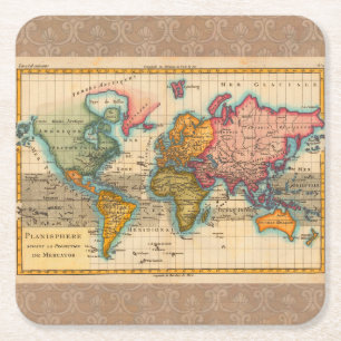 World Map 1780 Bonne Antique Planisphere Square Paper Coaster