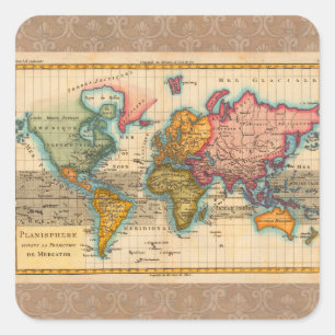 World Map 1780 Bonne Antique Planisphere Square Sticker