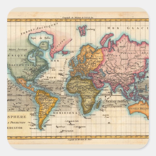 World Map 1780 Bonne Antique Planisphere  Square Sticker (Front)