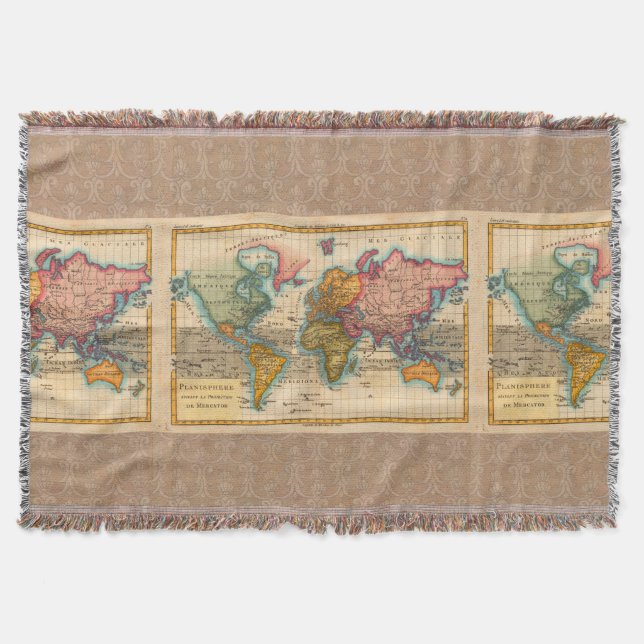World Map 1780 Bonne Antique Planisphere  Throw Blanket (Front)