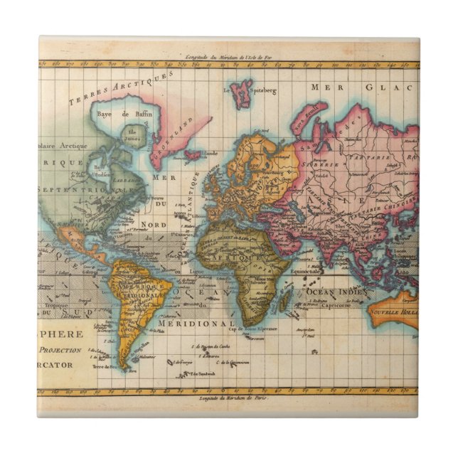 World Map 1780 Bonne Antique Planisphere  Tile (Front)