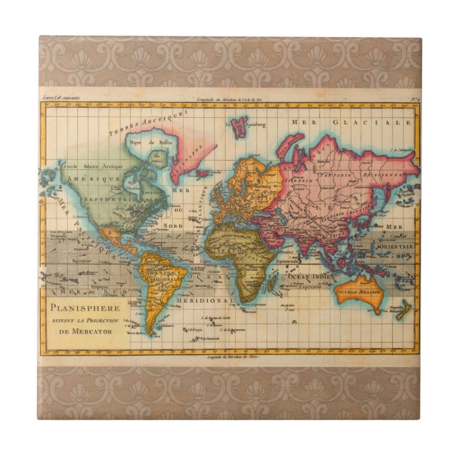 World Map 1780 Bonne Antique Planisphere  Tile (Front)