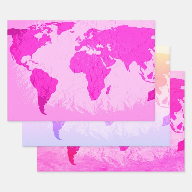 World Map Abstract Traveller Pink Purple Ombre Wrapping Paper Sheet (Set)
