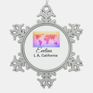 World map add name text place country city text mi snowflake pewter christmas ornament