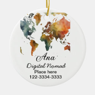 World map add your name text place city phone ceramic tree decoration